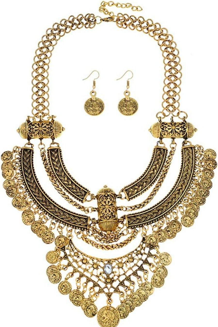 Ufraky Ufraky Women Vintage Bohemian Ethnic Gypsy Bib Chunky Festival Statement Coin Necklace And Earrings Set Jewelry Sets