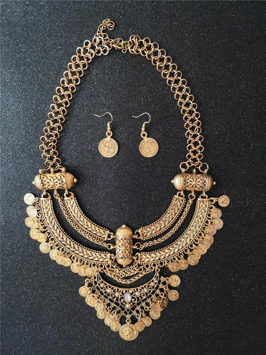 Ufraky Ufraky Women Vintage Bohemian Ethnic Gypsy Bib Chunky Festival Statement Coin Necklace And Earrings Set Jewelry Sets