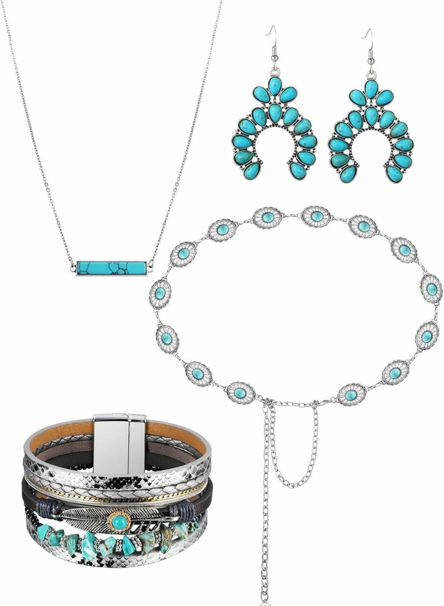 Nosiny Nosiny 4 Pcs Bohemian Turquoise Jewelry For Women Western Turquoise Set Western Waist Belt Vintage Turquoise Drop Earrings And Necklace Boho Multi Layer Wrap Bracelet Turquoise Jewelry Set Jewelry Sets