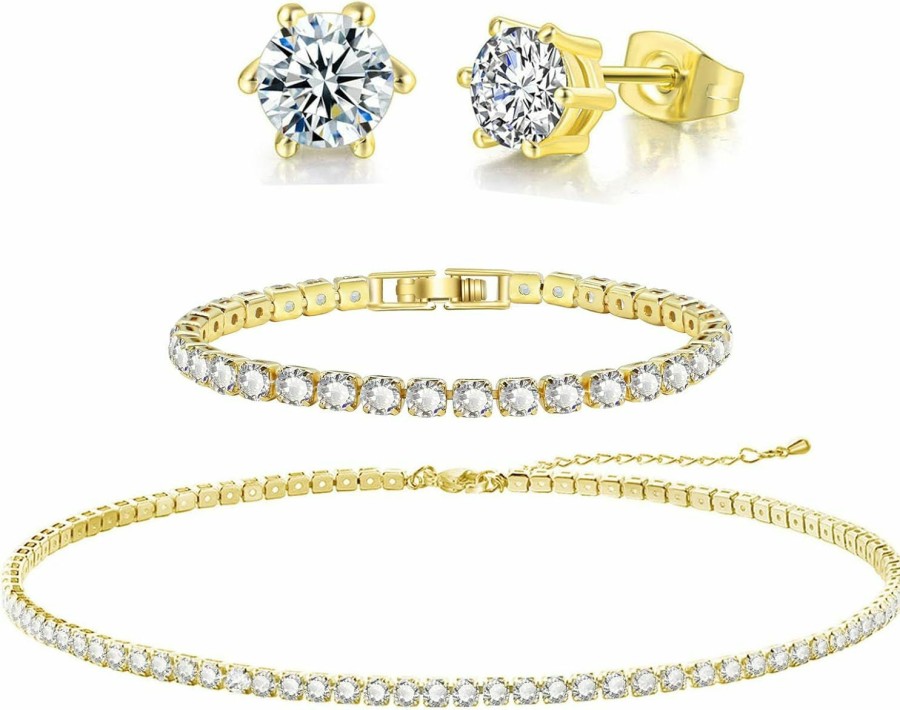 PORYIMEE Poryimee Tennis Necklace Bracelet Earrings Jewelry Sets For Women Teen Girls Silver/Gold Plated Cubic Zirconia Necklace Set Fashion Jewelry Pack Of 3 Jewelry Sets