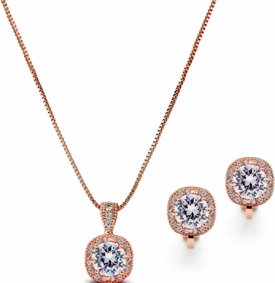 Mariell Mariell Rose Gold Cz Crystal Necklace & Clip On Earrings Jewelry Set, 10Mm Solitaire With Stud Earrings Jewelry Sets