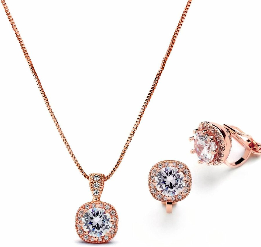 Mariell Mariell Rose Gold Cz Crystal Necklace & Clip On Earrings Jewelry Set, 10Mm Solitaire With Stud Earrings Jewelry Sets