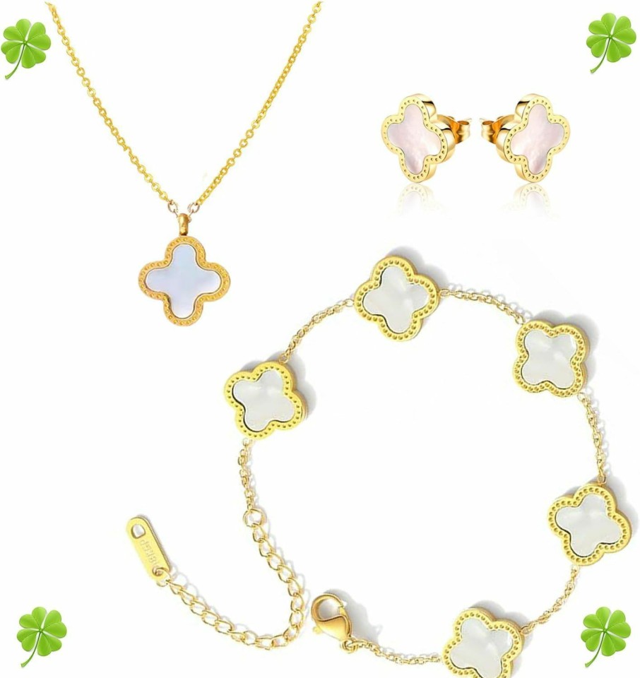 NCCEN Nccen Clover Jewelry Set 18K Gold Plated (White) Lucky Clover Bracelet,Lucky Clover Earrings,Lucky Clover Necklace,Cute Jewelry Gifts For Women Teen Girls Jewelry Sets