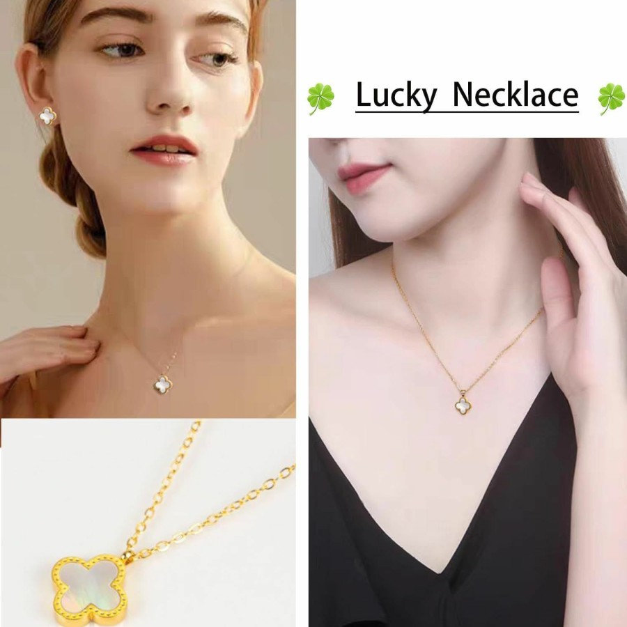 NCCEN Nccen Clover Jewelry Set 18K Gold Plated (White) Lucky Clover Bracelet,Lucky Clover Earrings,Lucky Clover Necklace,Cute Jewelry Gifts For Women Teen Girls Jewelry Sets