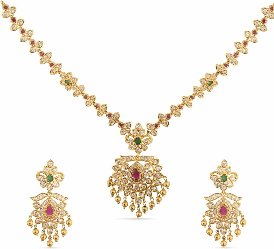 TARINIKA Tarinika Gold Plated Aavi Nakshatra Cz Short Necklace With Floral Design - Indian Jewelry Set For Women | Perfect For Casual Occasions | Traditional South Indian Necklace | 1 Year Warranty* Jewelry Sets