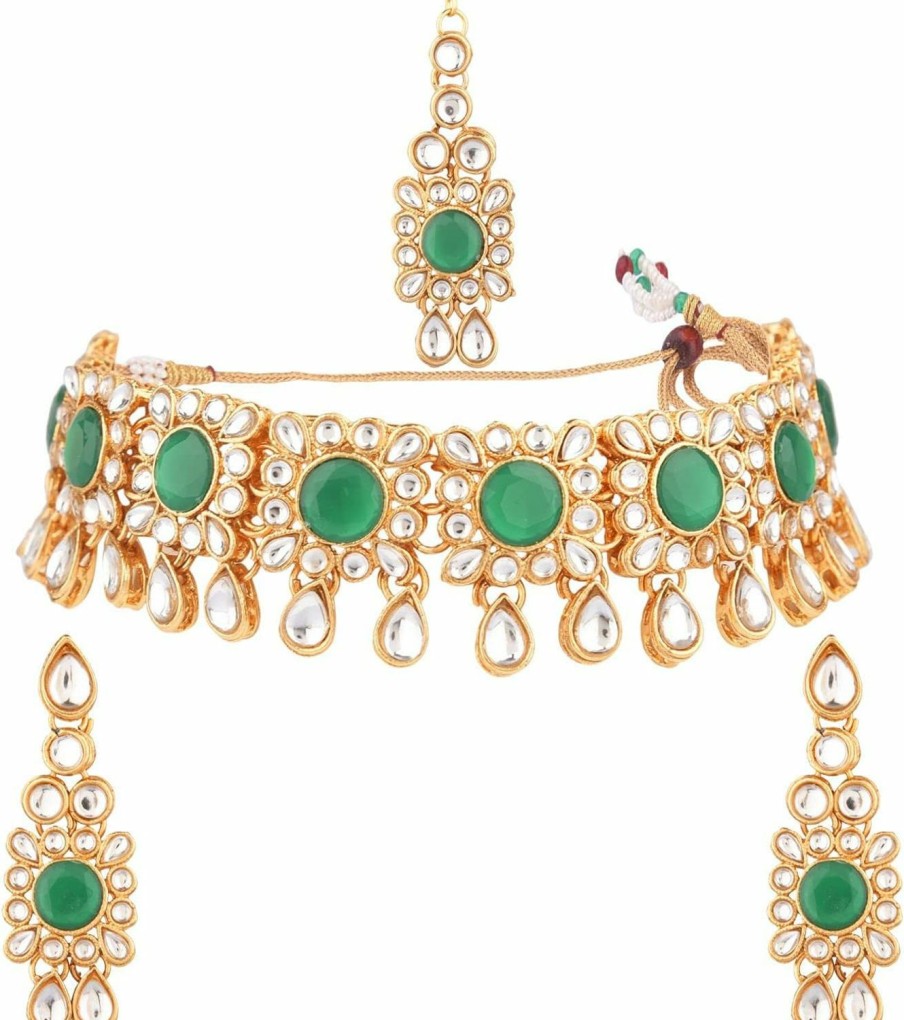 Efulgenz Efulgenz Indian Jewelry Sets For Women Bollywood Jewelry Indian Jewelry Set Kundan Crystal Choker Necklace Dangle Earrings Maang Tikka Head Chain Bollywood Wedding Jewelry For Women Jewelry Sets