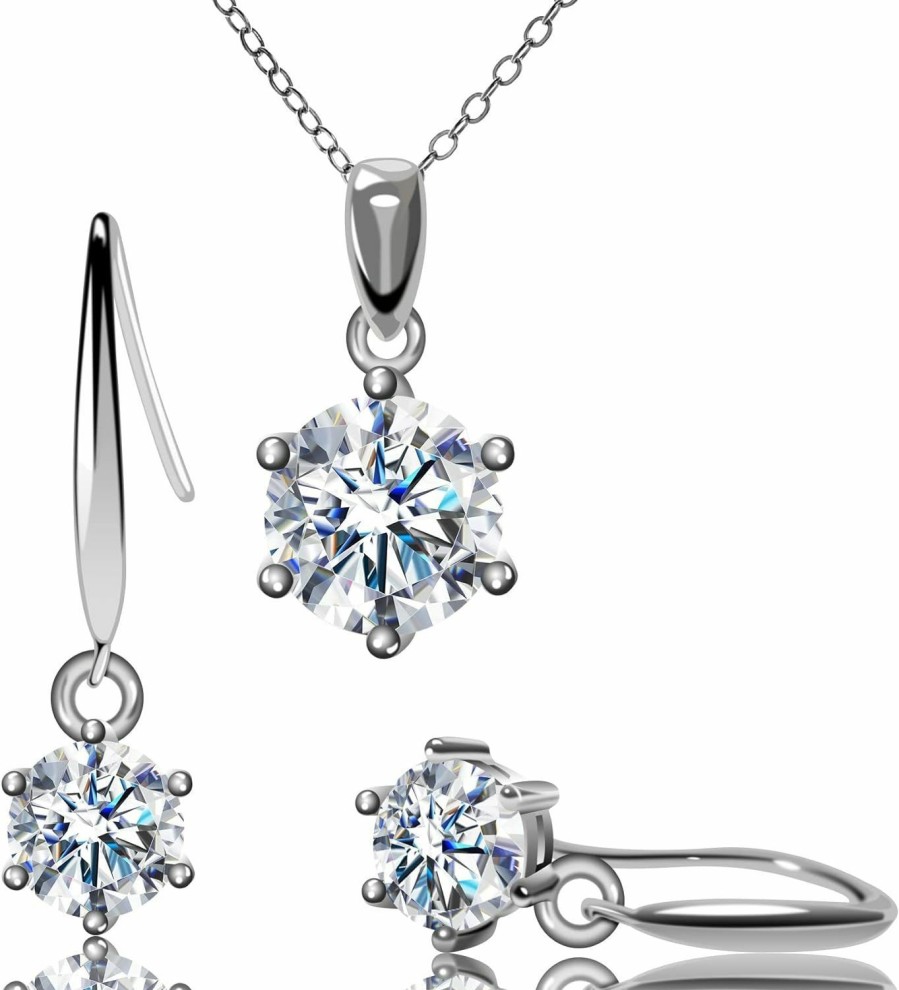 Amazon Jselect Moissanite Simulated Diamond Necklace And Earring Jewelry Sets Silver For Women Jewelry Sets