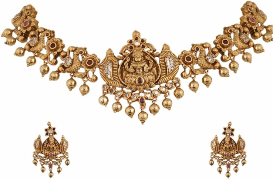 TARINIKA Tarinika Brass Sankha Antique Choker Necklace Set With Temple Design - Indian Choker Necklace For Women | Perfect For Ethnic Occasions | Indian Jewelry Sets For Women Jewelry Sets