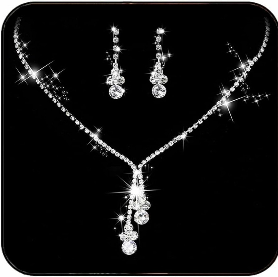 Yean Yean Wedding Jewelry Sets Silver Rhinestone Bridal Necklace Earring Set Costume Necklace For Bride And Women Jewelry Sets