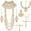 Aheli Aheli Indian Heavy Bridal Jewelry Set Long Choker Necklace Earrings Maang Tikka Nath Paasa Hath Phool Traditional Faux Kundan Beads Wedding Wear For Women Green Jewelry Sets