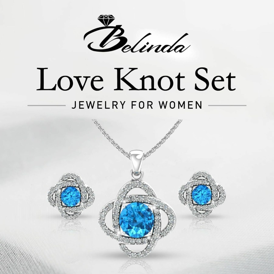 Belinda Jewelz Belinda Jewelz Women 925 Sterling Silver Cute Love Knot Sparkling Gemstone Push Back Stud Earrings Hanging Pendant Necklace Beautiful Fine Jewelry Accessory Set, 1.65 Carat Jewelry Sets