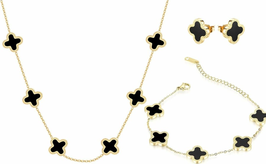 PRIMATORIA Primatoria Four Leaf Clover Jewelry Set For Women 18K Gold Plated Bracelet Necklace Earrings 4 Leaf Lucky Choker And Ear Studs For Mother And Daughter (Black) Jewelry Sets