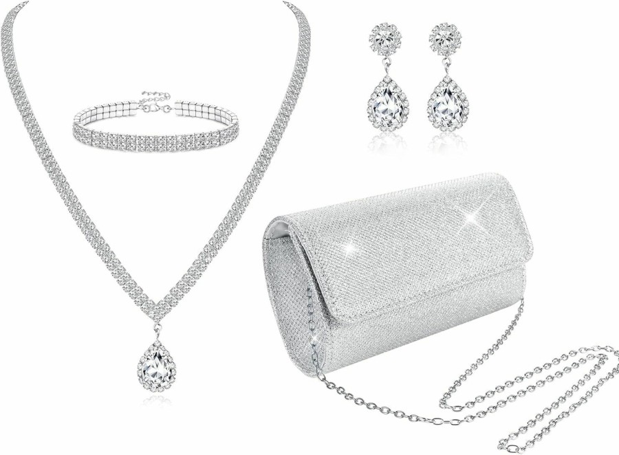 Subiceto Subiceto 4Pcs Silver Clutch Purse Jewelry Set For Women Evening Rhinestone Purse Crystal Necklace Earrings Bracelets Set Silver Accessories For Women Bride Wedding Jewelry Jewelry Sets