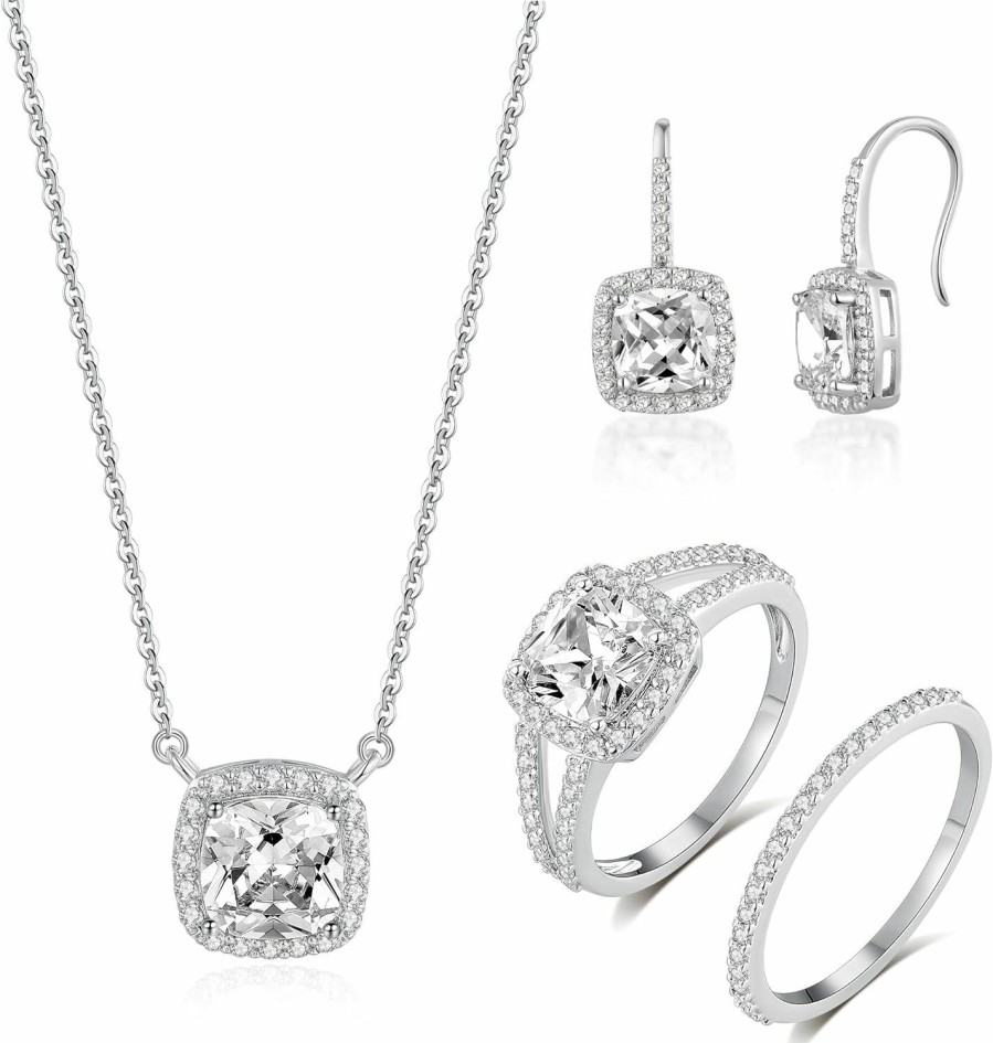 MDFUN Mdfun 18K White Gold Plated Square Cz Jewelry Sets|Earrings Necklace Rings Ensemble For Women Jewelry Sets