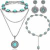 Wullina Western Jewelry For Women,4 Pcs Bohemian Turquoise Jewelry Set, Turquoise Necklace,Western Belts, Vintage Turquoise Earrings & Bracelet, Boho Turquoise Jewelry For Women Jewelry Sets