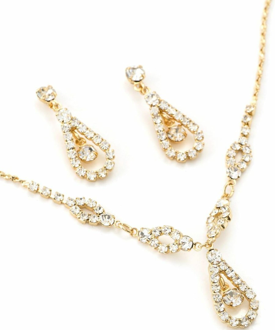 Topwholesalejewel Topwholesalejewel Gold Teardrop Shape Line Necklace With Crystal Inserts & Matching Dangle Earrings Jewelry Set Jewelry Sets