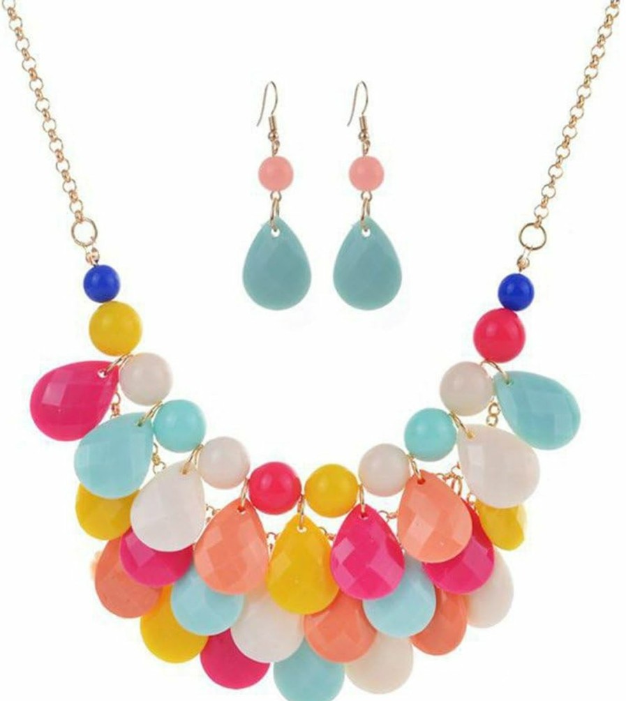 Zthread Zthread Floating Bubble Necklace Layered Teardrop Statement Necklace Resin Beaded Collar Necklace Earrings Jewelry Set For Women Jewelry Sets