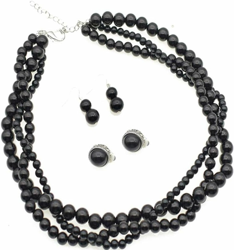 Yilanair Yilanair Pearl Layered Choker Necklace Set 3 Layer Bead Necklaces Non Pierced Clip On Earrings (Black) Jewelry Sets