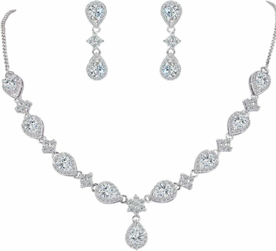 EleQueen Elequeen Women'S Silver-Tone Cubic Zirconia Teardrop Flower Bridal V-Necklace Jewelry Set Dangle Earrings Jewelry Sets