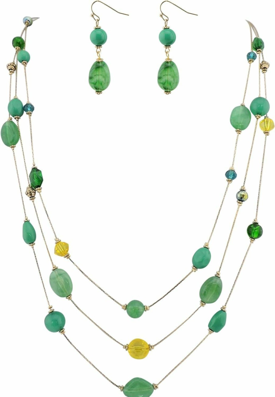 Coiris Coiris 3-Layer Illusion Line Long Necklace Earrings Set Ladies Green Beads Jewelry Sets