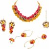 Paru Fabrics Jewellery Set For Women And Girls: Haldi Baby Shower, Mehndi Godbharai Yellow Pink Necklace Set With Maang/Tikka/Earrings/Bangles/Finger Ring, Haldi, Fashion Jewellery Jewelry Sets