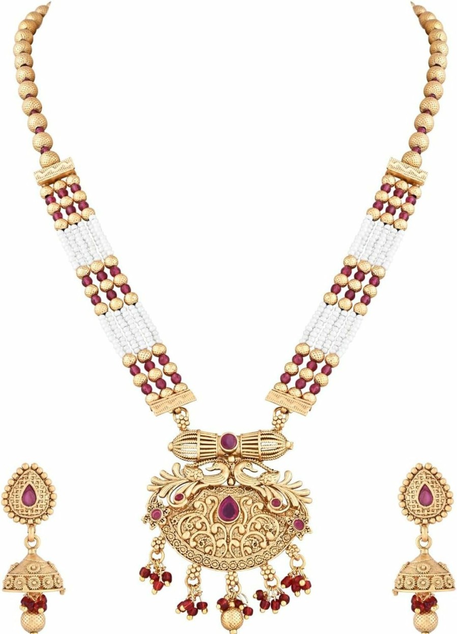 I Jewels I Jewels Indian Wedding Bollywood Gold Plated Traditional Antique Temple Brass Jewellery Long Pearl Necklace With Jhumki Earrings Set For Women/Girls Jewelry Sets