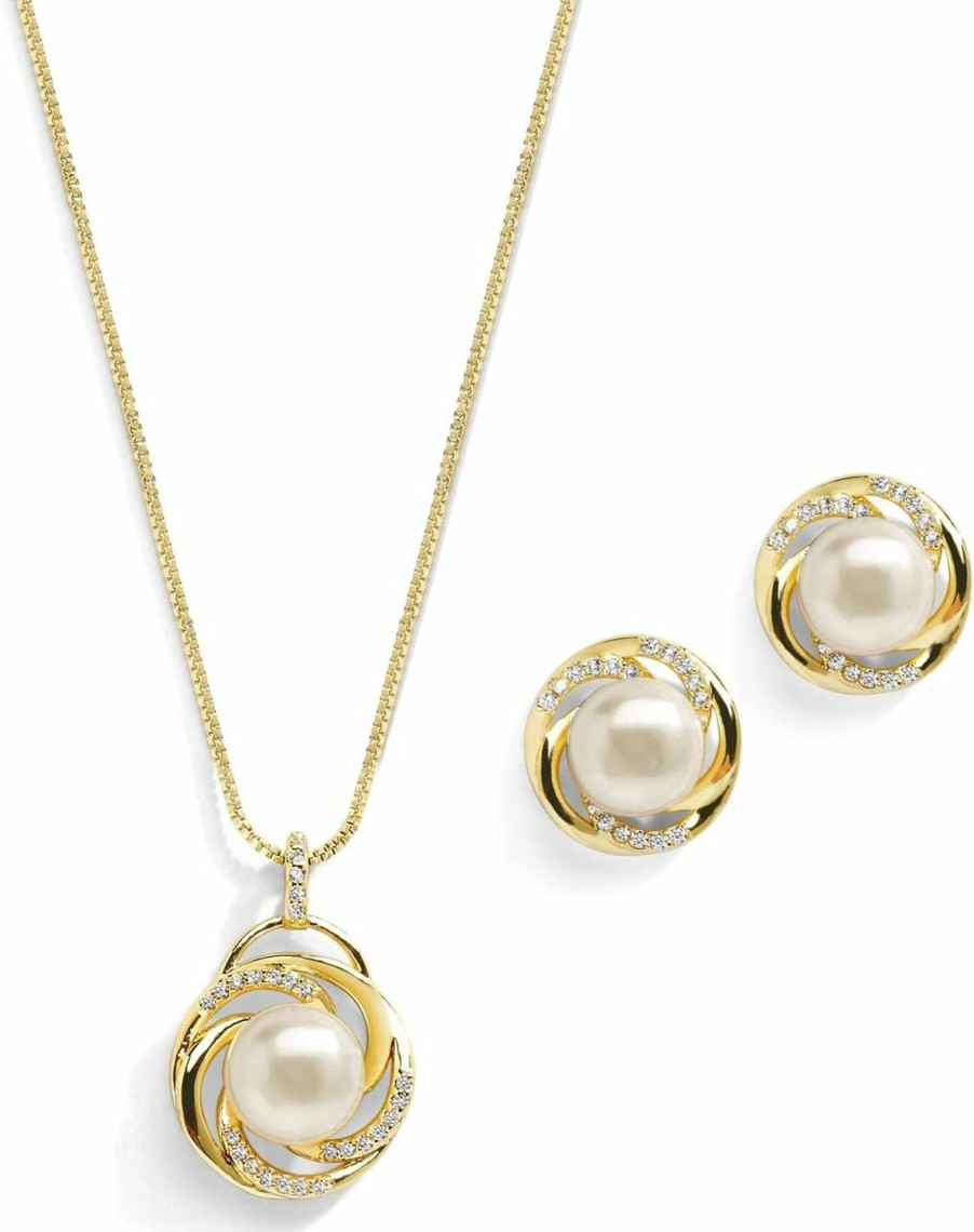 Mariell Mariell Freshwater Pearl Gold Wedding Necklace Earrings Set For Brides, Bridesmaids, Birthday Gift Jewelry Sets