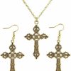 Rrdaily Gothic Cross Earrings Necklace Set Vintage Gold Silver Cross Necklace Earrings Cross Dangle Drop Earrings Cross Pendant Necklace Punk Style Big Cross Halloween Clothing Accessories For Women Teen Girls Jewelry Sets