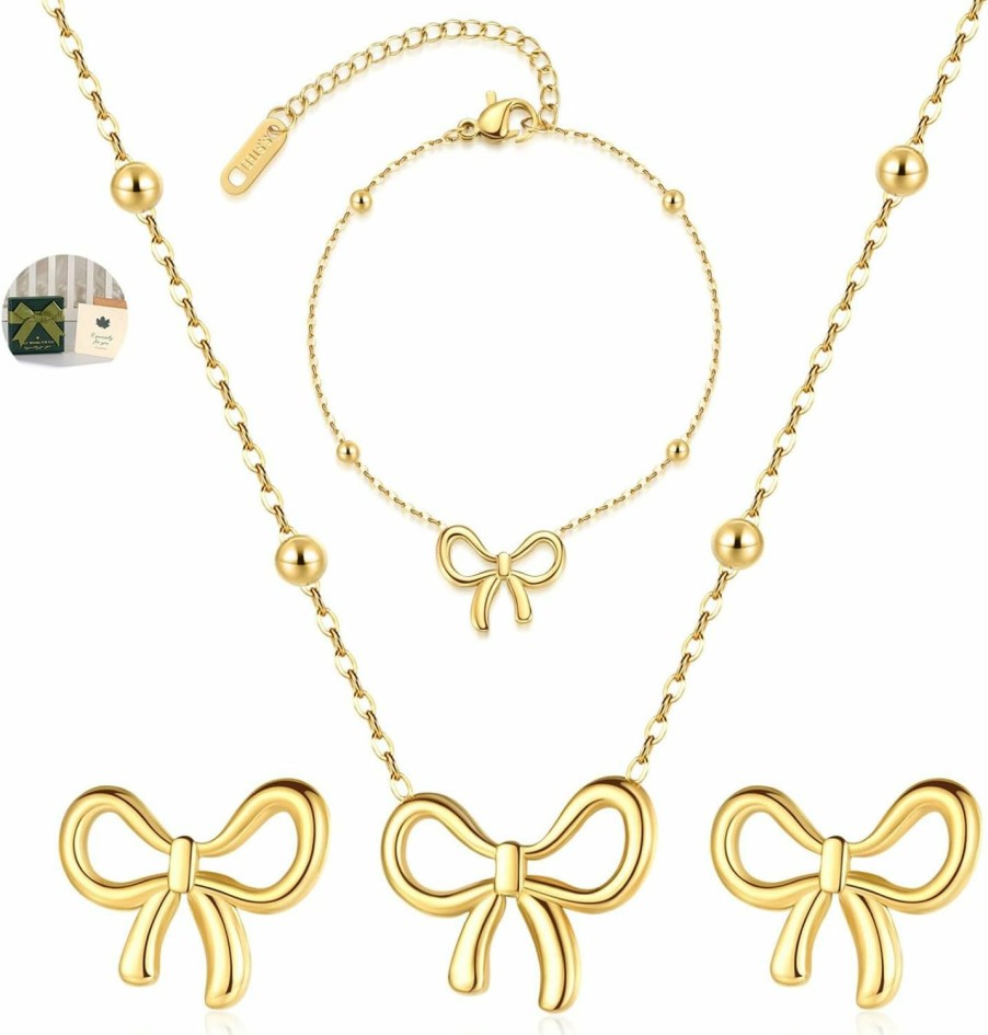 ZRU Zru Gold Bow Earrings Necklace Bracelet Jewelry Set For Women-Ribbon Bowknot Stud Earrings Pendant Choker Necklace Bracelet 18K Gold Plated Bow Valentines Gifts Fashion Jewelry For Her Jewelry Sets