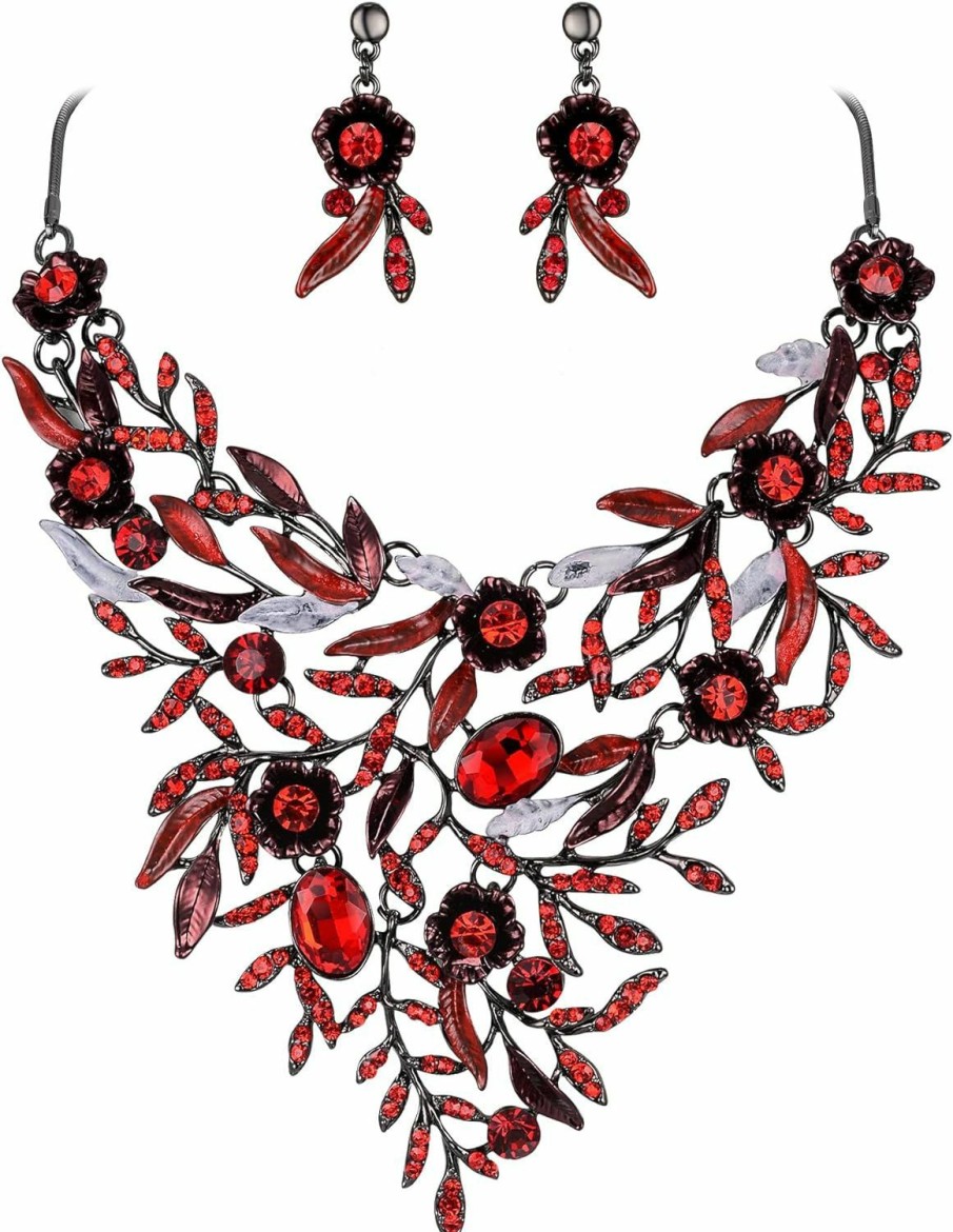 BriLove Brilove Wedding Bridal Leaf Cluster Jewelry Set For Women Crystal Flower Enamel Statement Necklace Dangle Earrings Jewelry Sets