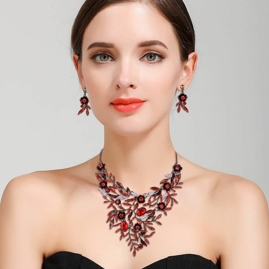 BriLove Brilove Wedding Bridal Leaf Cluster Jewelry Set For Women Crystal Flower Enamel Statement Necklace Dangle Earrings Jewelry Sets