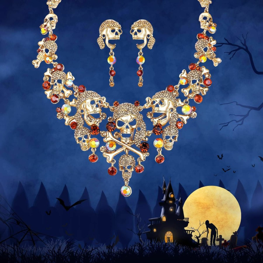 EVER FAITH Ever Faith Austrian Crystal Vintage Style Halloween Skull Bone Cross Necklace Earrings Set Jewelry Sets