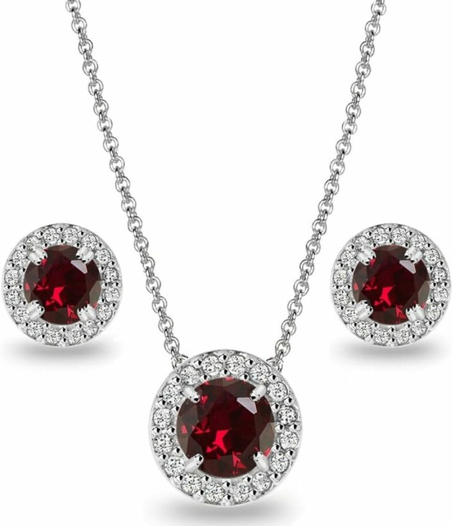 B. BRILLIANT B. Brilliant Sterling Silver Genuine, Created Or Simulated Gemstone Round Halo Necklace & Stud Earrings Jewelry Set For Women Girls W/Gift Box Jewelry Sets