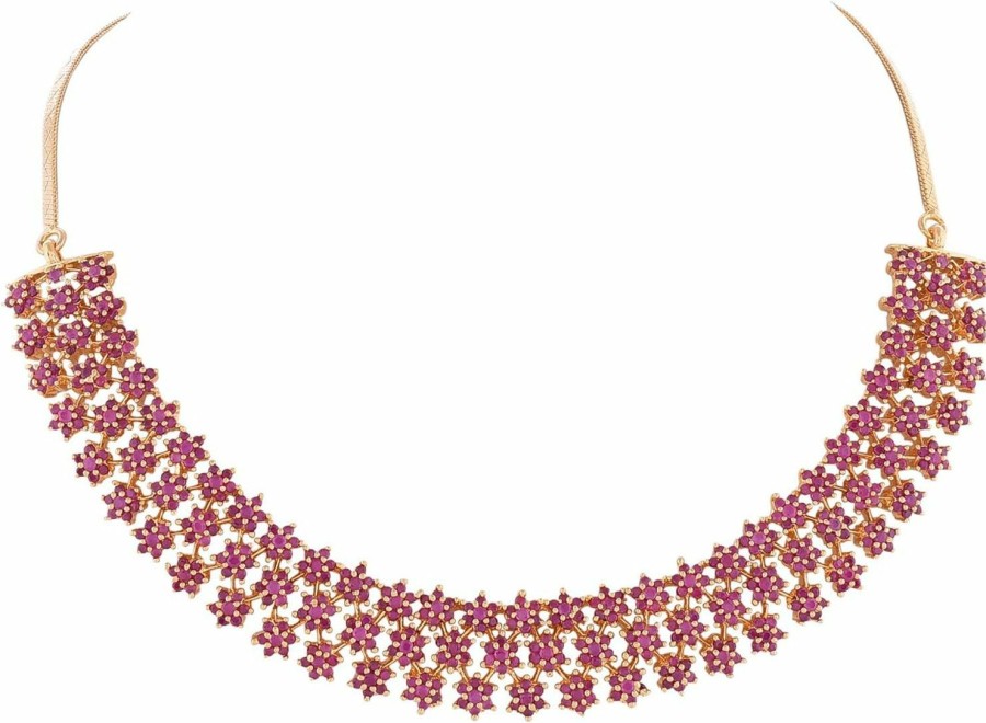 Ratnavali Jewels Ratnavali Jewels Women'S Gold Tone Cubic Zirconia Triple Line Necklace Earrings Set For Brides And Weddings Rv2907 Jewelry Sets