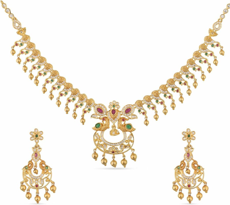 TARINIKA Tarinika Dual Tone Tanu Nakshatra Cz Short Necklace Set With Peacock Design - Indian Jewelry Sets For Women | Perfect For Casual Occasions | Traditional South Indian Necklace | 1 Year Warranty* Jewelry Sets