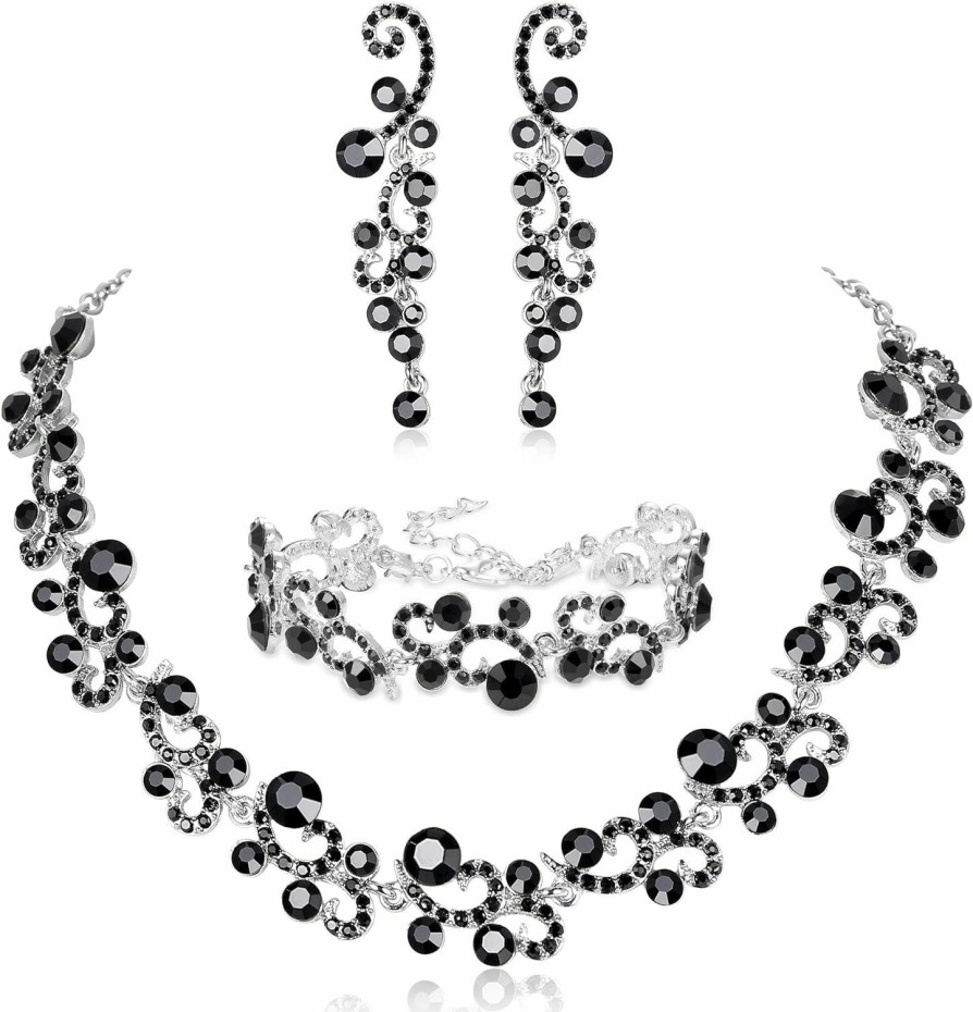 JOERICA Joerica Wedding Jewelry Sets For Brides Rhinestone Necklace Bracelet And Rhinestone Dangle Earrings For Women Wave Flower Fashion Costume Jewelry For Women Evening Wear Wedding Engagement Party Prom Jewelry Sets