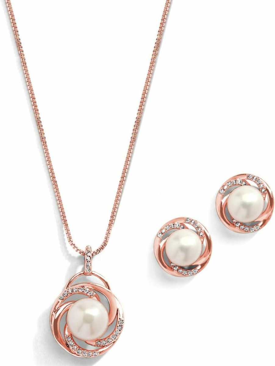 Mariell Mariell Freshwater Pearl Rose Gold Wedding Necklace Earrings Set For Brides, Bridesmaids, Jewelry Gift Jewelry Sets