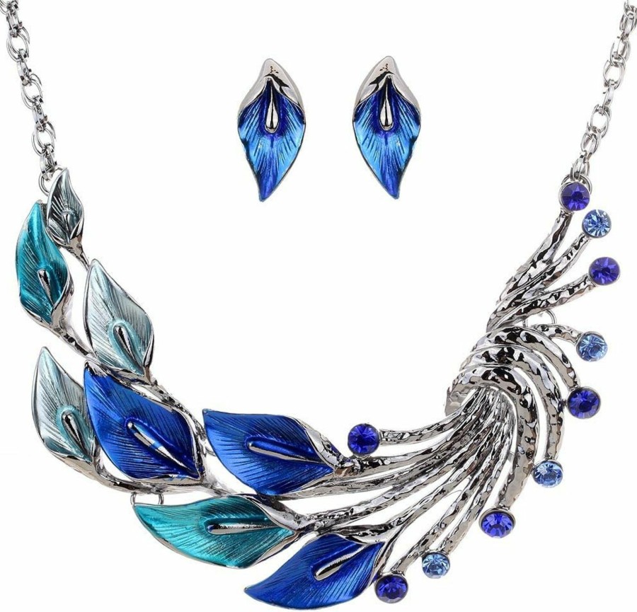 YAZILIND Yazilind Ethnic Style Tibetan Silver Peacock Crystal Chunky Bib Earrings Necklace Set Wedding Party Jewelry Sets