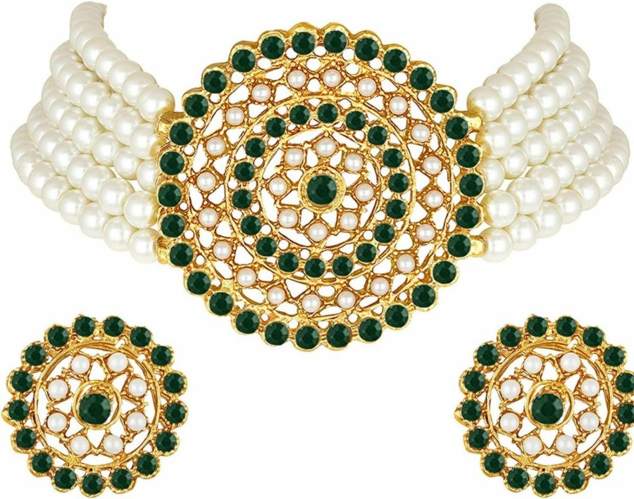 Aheli Aheli Gold Plated Pearl Diamond Kundan Choker Necklace With Round Earrings Traditional Jewelry Set Jewelry Sets