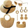 Twistover Twistover 7 Pcs Summer Rattan Jewelry Set For Women Vacation Sun Straw Beach Hat Sunglasses Mini Semi Circle Rattan Straw Bag Long Necklace And Rattan Earrings Bracelet For Women Beach Bohemia Jewelry Sets