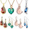 MTLEE Mtlee 4 Sets Peacock Jewelry For Women, Valentine'S Day Gifts Crystal Necklace Earrings, Rhinestone Waterdrop Pendant, Heart Charm Hook Earrings For Birthday Party Gifts Jewelry Sets