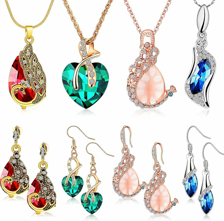 MTLEE Mtlee 4 Sets Peacock Jewelry For Women, Valentine'S Day Gifts Crystal Necklace Earrings, Rhinestone Waterdrop Pendant, Heart Charm Hook Earrings For Birthday Party Gifts Jewelry Sets