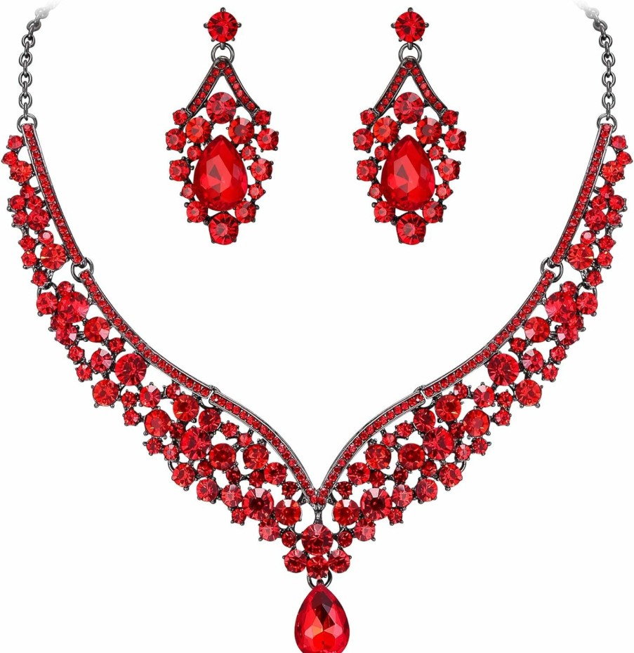 EVER FAITH Ever Faith Austrian Crystal Elegant V-Shaped Teardrop Necklace Earrings Set Jewelry Sets