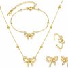 Frodete Frodete Bow Necklace Earring Ring Set For Women Bow Choker Necklace Gold Jewelry Set Open Stackable Ring Coquette Stud Earrings Bridal Wedding Jewelry Jewelry Sets