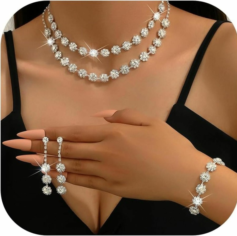 HUASAI Huasai Prom Jewelry Sets Silver Rhinestone Crystal Bride Statement Choker Necklace Earrings Set For Party Wedding Jewelry Sets For Brides Bridesmaid For Prom Dresses 2024 Jewelry Sets