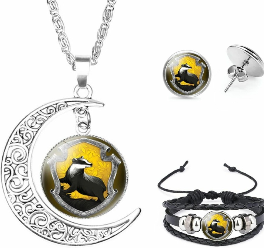 Aquasuki Hufflepuff Moon Pendant Badger Necklace, Hand Leather Bracelet, Earrings Jewelry Set Gifts For Friendship Women Man Jewelry Sets