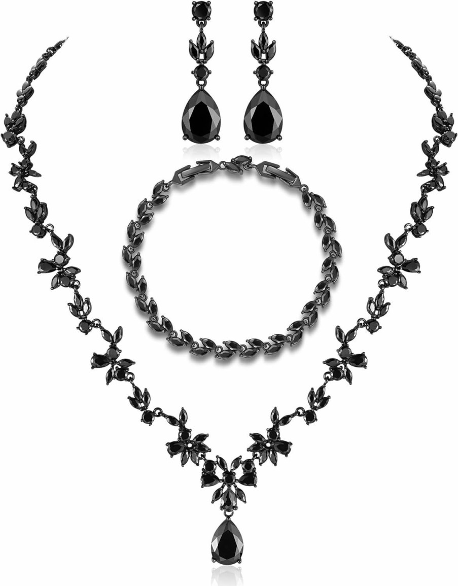 Hadskiss Black Costume Jewelry Set For Women, Necklace Dangle Earrings Bracelet Set With Black Cubic Zirconia Rhinestone Crystal For Wedding Prom Halloween Party Jewelry Jewelry Sets