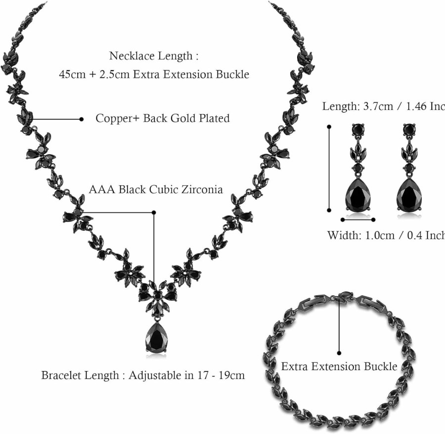 Hadskiss Black Costume Jewelry Set For Women, Necklace Dangle Earrings Bracelet Set With Black Cubic Zirconia Rhinestone Crystal For Wedding Prom Halloween Party Jewelry Jewelry Sets