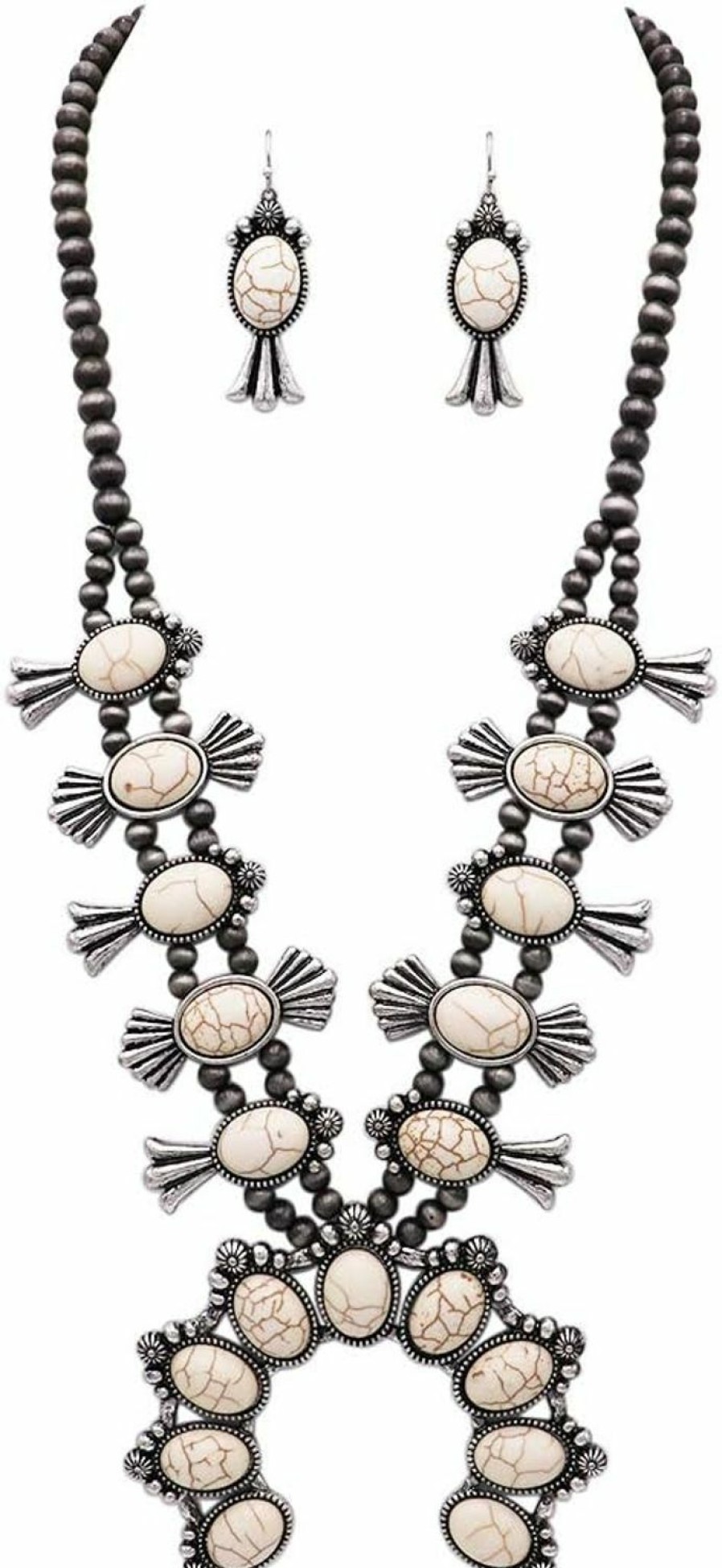 Rosemarie & Jubalee Rosemarie & Jubalee Women'S Statement Western Howlite Squash Blossom Necklace Earrings Set, 27\"+3\" Extension Jewelry Sets