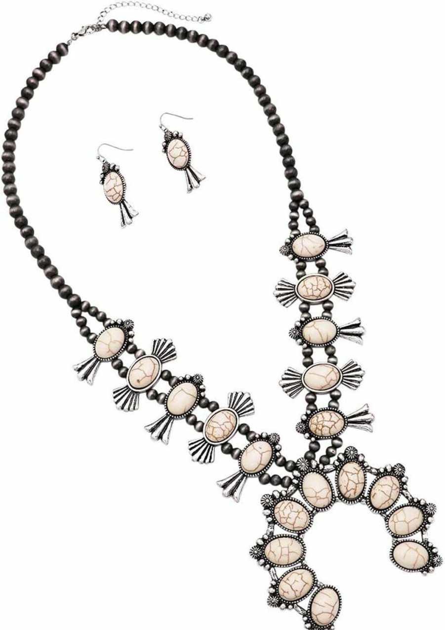 Rosemarie & Jubalee Rosemarie & Jubalee Women'S Statement Western Howlite Squash Blossom Necklace Earrings Set, 27\"+3\" Extension Jewelry Sets